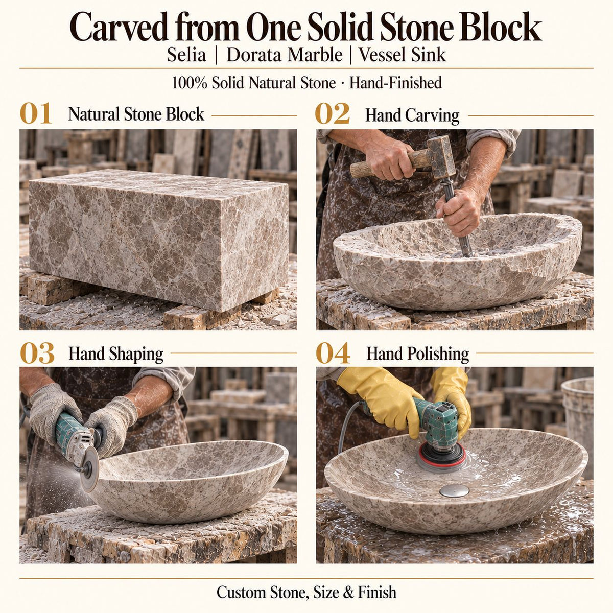 Selia Dorata Marble Vessel Sink carved from one solid stone block, showing manual hammer-and-chisel carving, hand shaping and hand polishing; custom stone, size and finish.