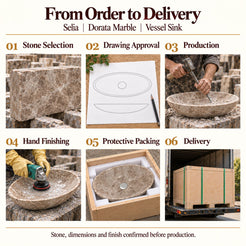 Selia Dorata Marble Vessel Sink from order to delivery: material selection, drawing approval, production, hand finishing, protective foam packing in a plywood crate and delivery; specifications confirmed before production.