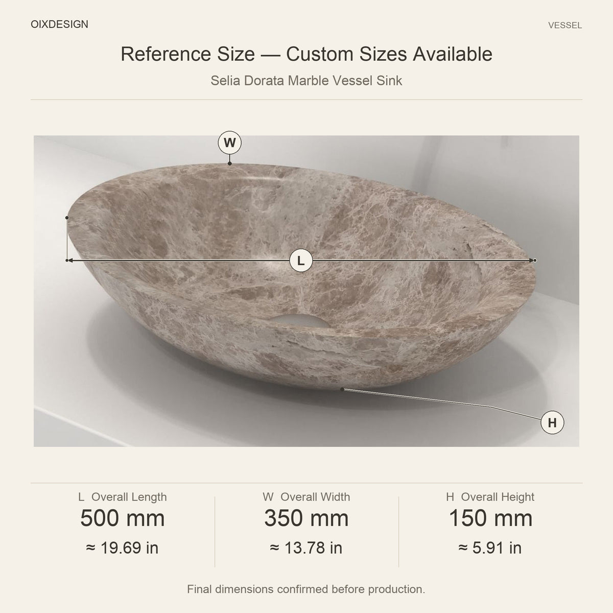 Selia Dorata Marble Vessel Sink reference overall dimensions in millimeters and inches
