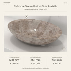 Selia Dorata Marble Vessel Sink reference overall dimensions in millimeters and inches