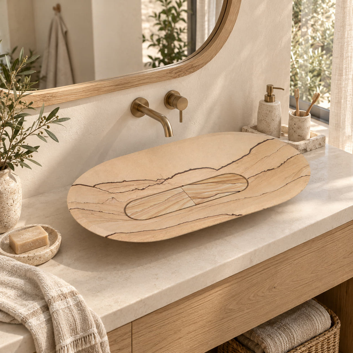 Selia sandstone oval vessel sink with elongated stone drain cover in a warm oak bathroom
