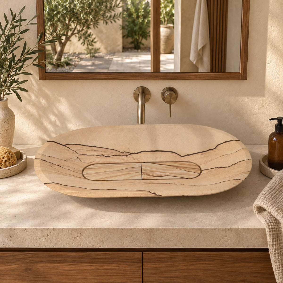 Selia sandstone oval vessel sink from the front in a warm walnut bathroom