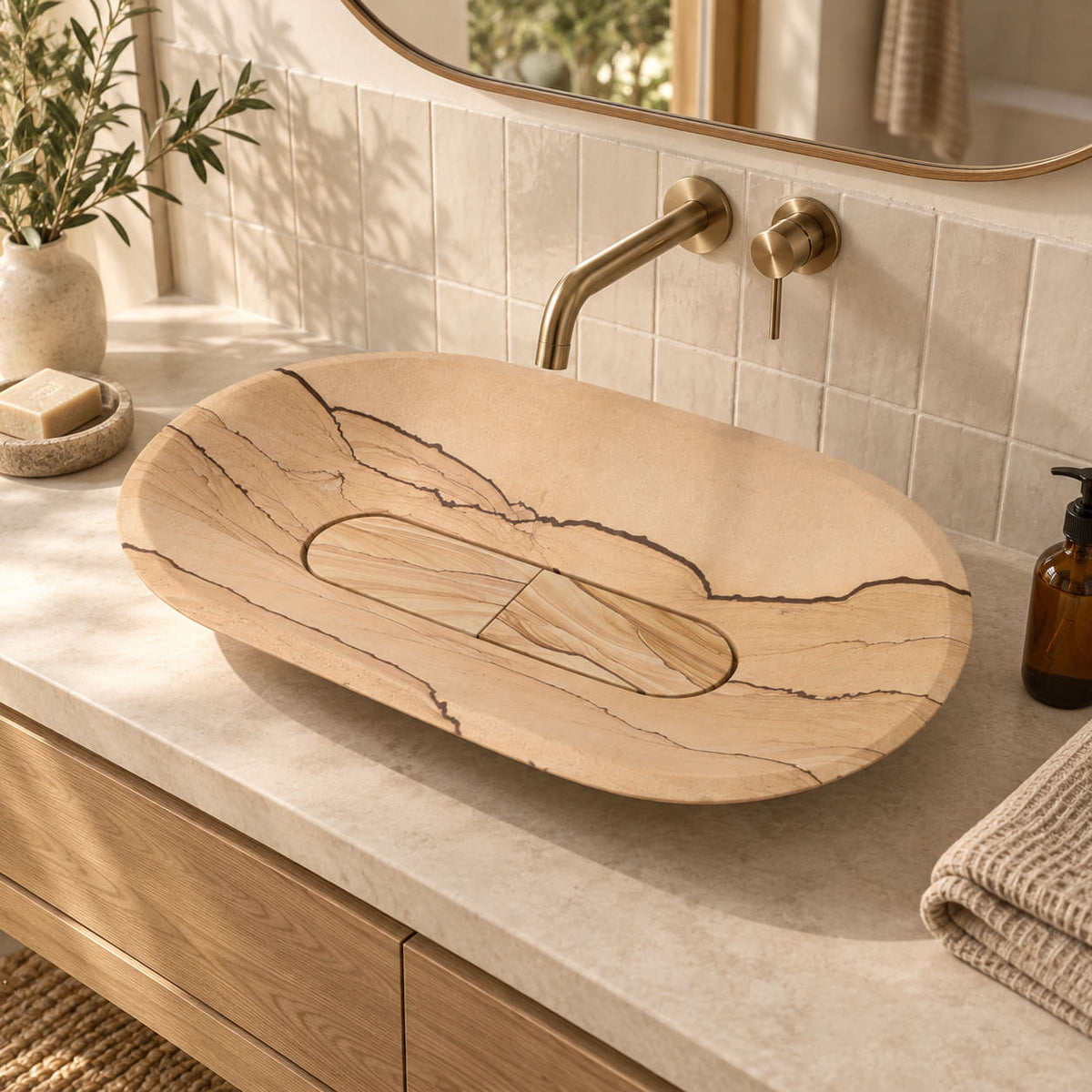 Selia sandstone oval vessel sink from an elevated angle in a warm cream tile bathroom
