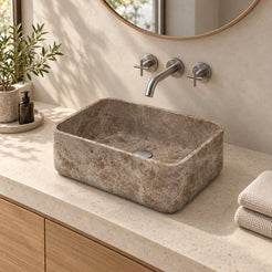 Selini Dorata Marble Vessel Sink — three-quarter bathroom lifestyle