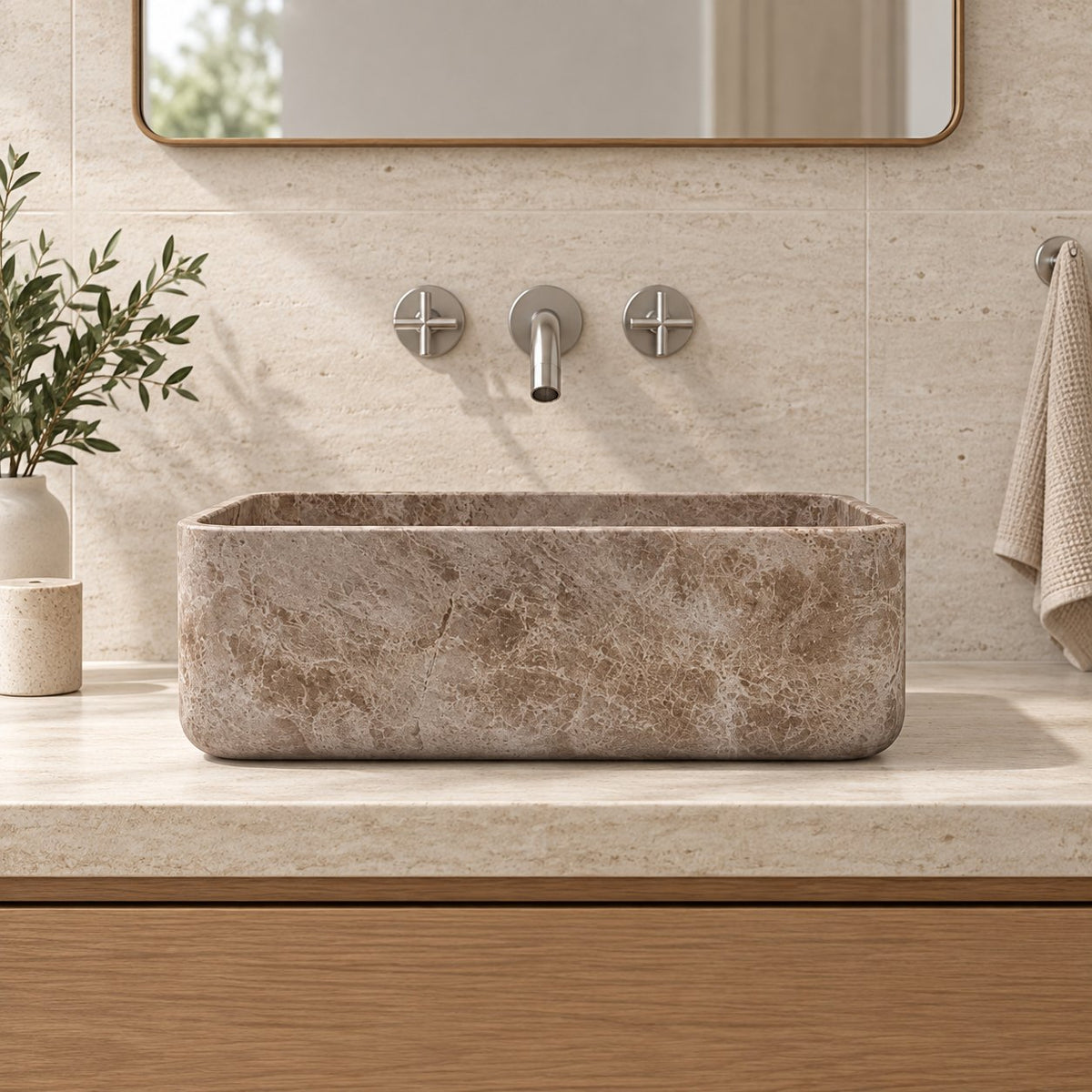 Selini Dorata Marble Vessel Sink — low frontal bathroom lifestyle