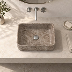 Selini Dorata Marble Vessel Sink — overhead bathroom lifestyle