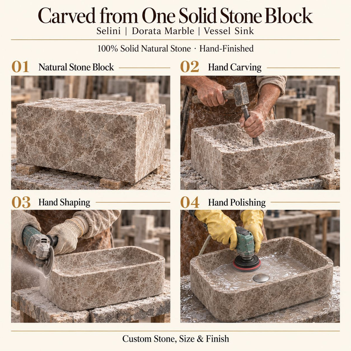 Selini Dorata Marble Vessel Sink carved from one solid stone block, showing manual hammer-and-chisel carving, hand shaping and hand polishing; custom stone, size and finish.