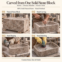 Selini Dorata Marble Vessel Sink carved from one solid stone block, showing manual hammer-and-chisel carving, hand shaping and hand polishing; custom stone, size and finish.