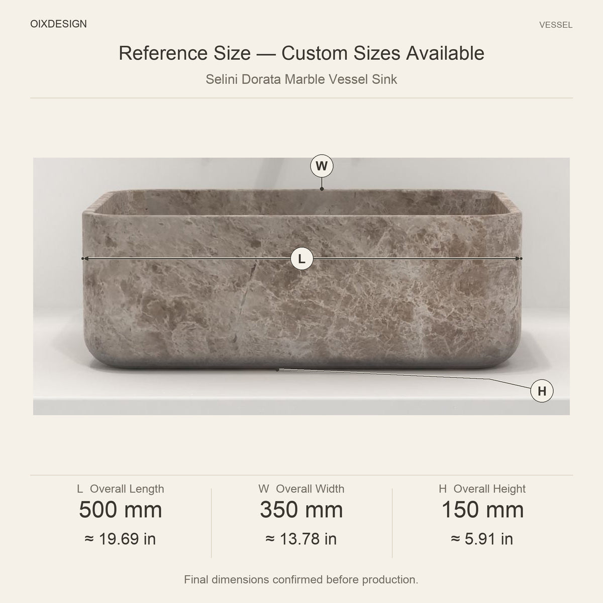 Selini Dorata Marble Vessel Sink reference overall dimensions in millimeters and inches