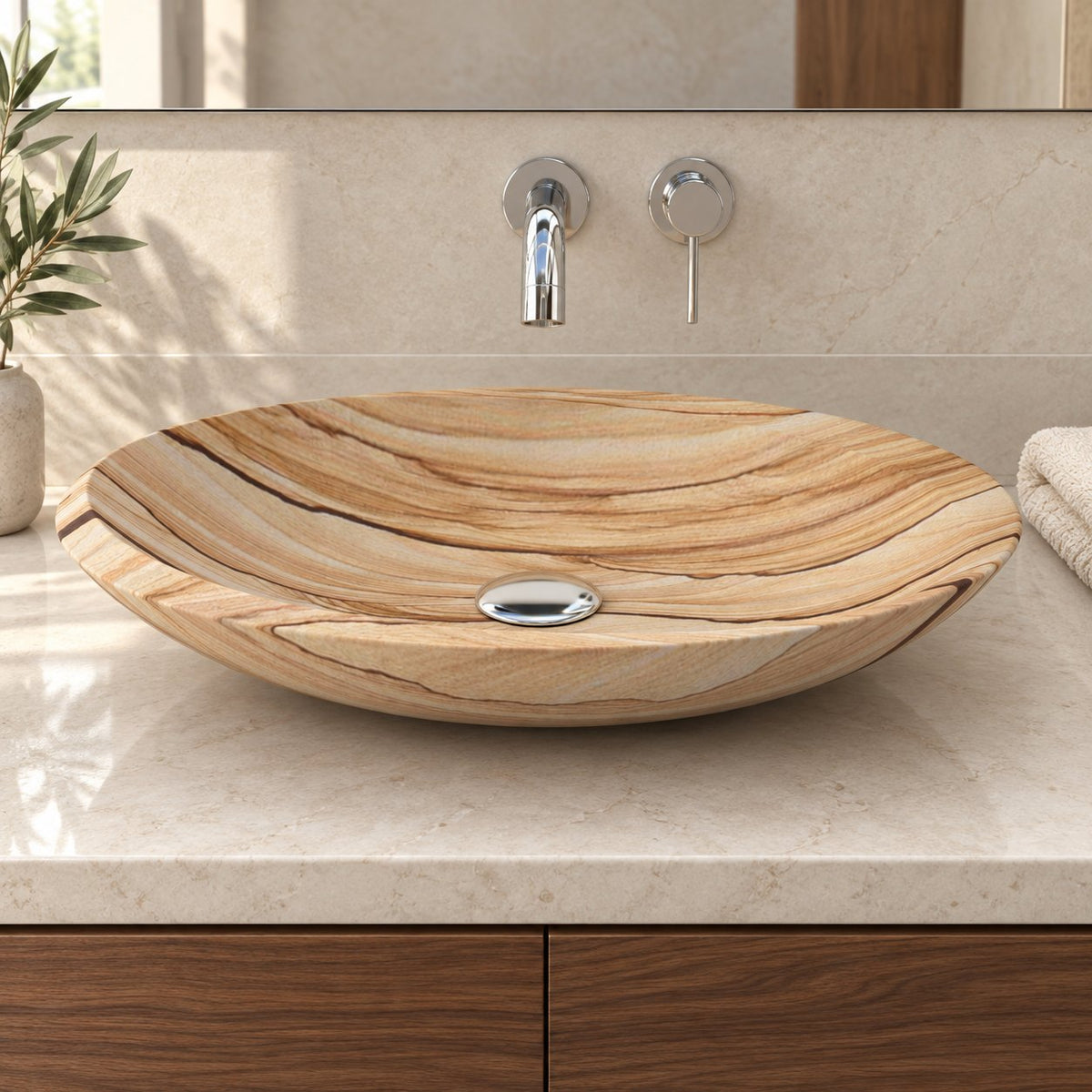Selita Sandstone Vessel Sink — low frontal bathroom lifestyle