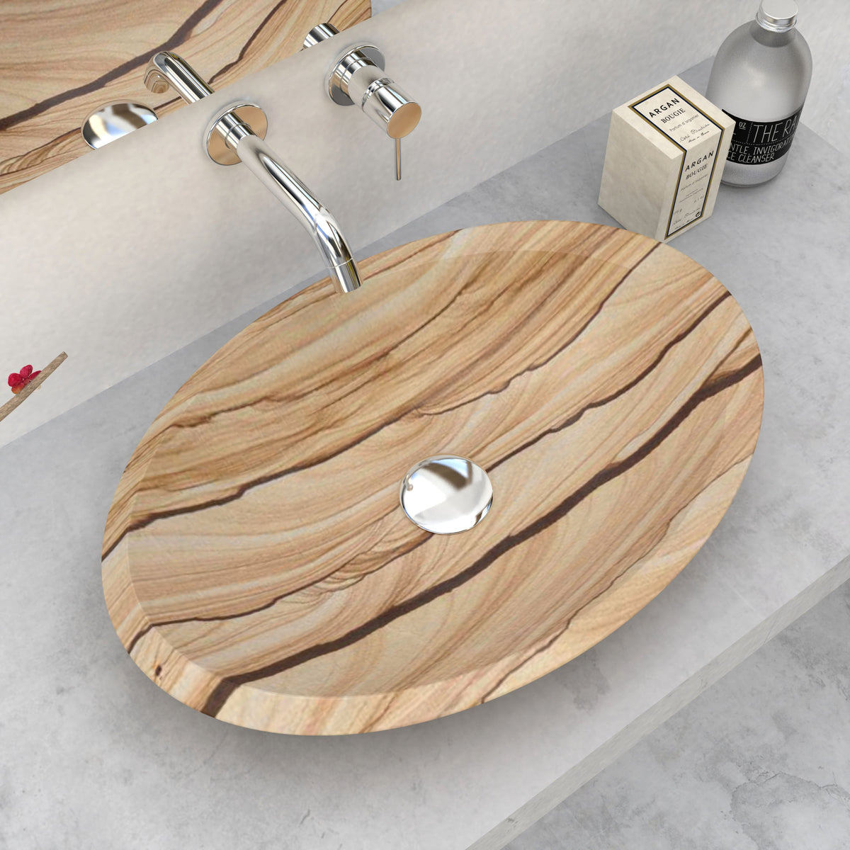 Selita Sandstone Vessel Sink, interior, rim and material detail