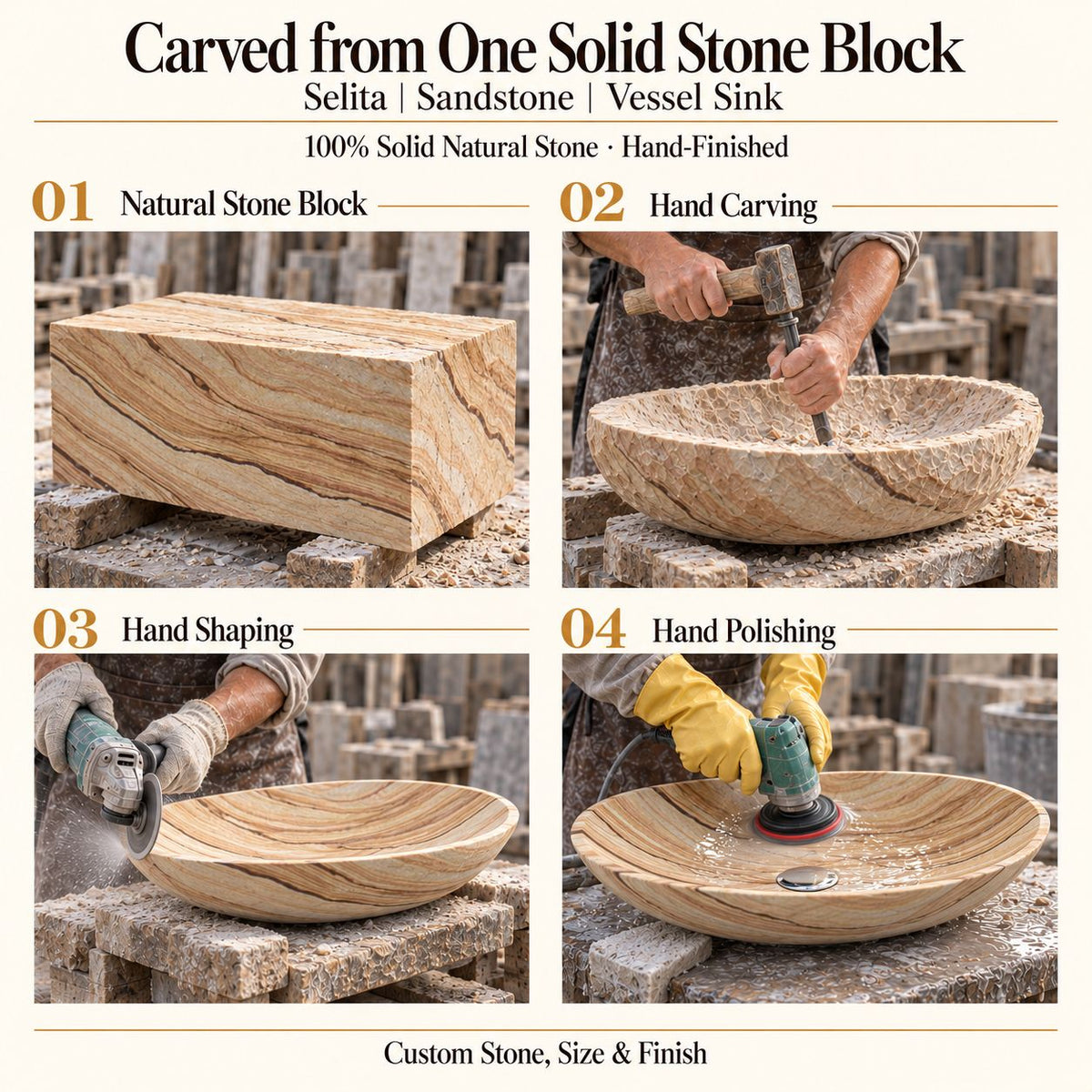 Selita Sandstone Vessel Sink carved from one solid stone block, showing manual hammer-and-chisel carving, hand shaping and hand polishing; custom stone, size and finish.