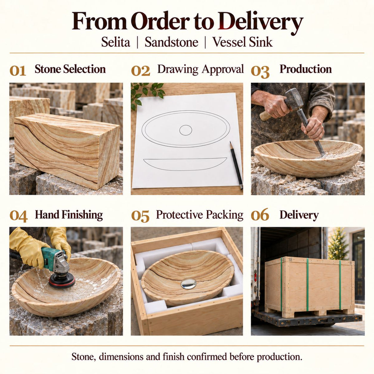 Selita Sandstone Vessel Sink from order to delivery: material selection, drawing approval, production, hand finishing, protective foam packing in a plywood crate and delivery; specifications confirmed before production.