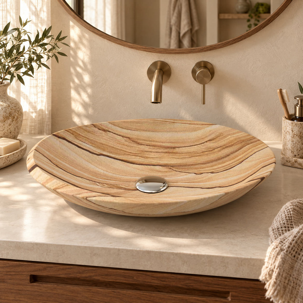 Selita sandstone oval vessel sink in a warm cream and walnut bathroom