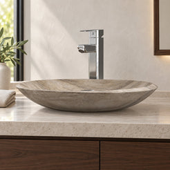 Selita Travertino Argento Travertine Vessel Sink — low frontal bathroom lifestyle