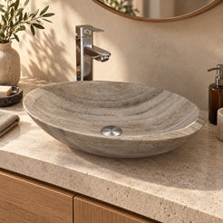 Selita Travertino Argento Travertine Vessel Sink, countertop hero lifestyle view