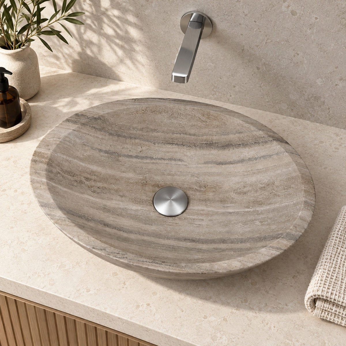 Selita Travertino Argento Travertine Vessel Sink, alternate countertop lifestyle angle