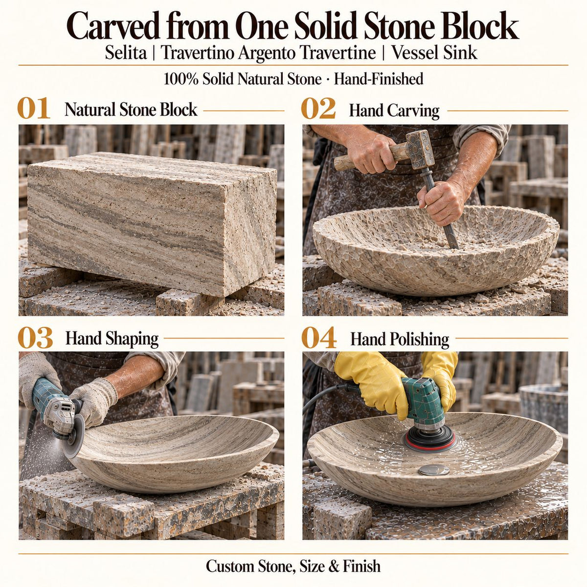 Selita Travertino Argento Travertine Vessel Sink carved from one solid stone block, showing manual hammer-and-chisel carving, hand shaping and hand polishing; custom stone, size and finish.
