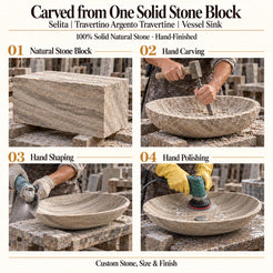 Selita Travertino Argento Travertine Vessel Sink carved from one solid stone block, showing manual hammer-and-chisel carving, hand shaping and hand polishing; custom stone, size and finish.