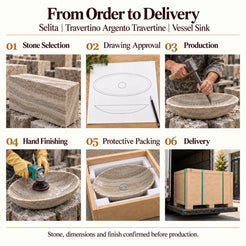 Selita Travertino Argento Travertine Vessel Sink from order to delivery: material selection, drawing approval, production, hand finishing, protective foam packing in a plywood crate and delivery; specifications confirmed before production.