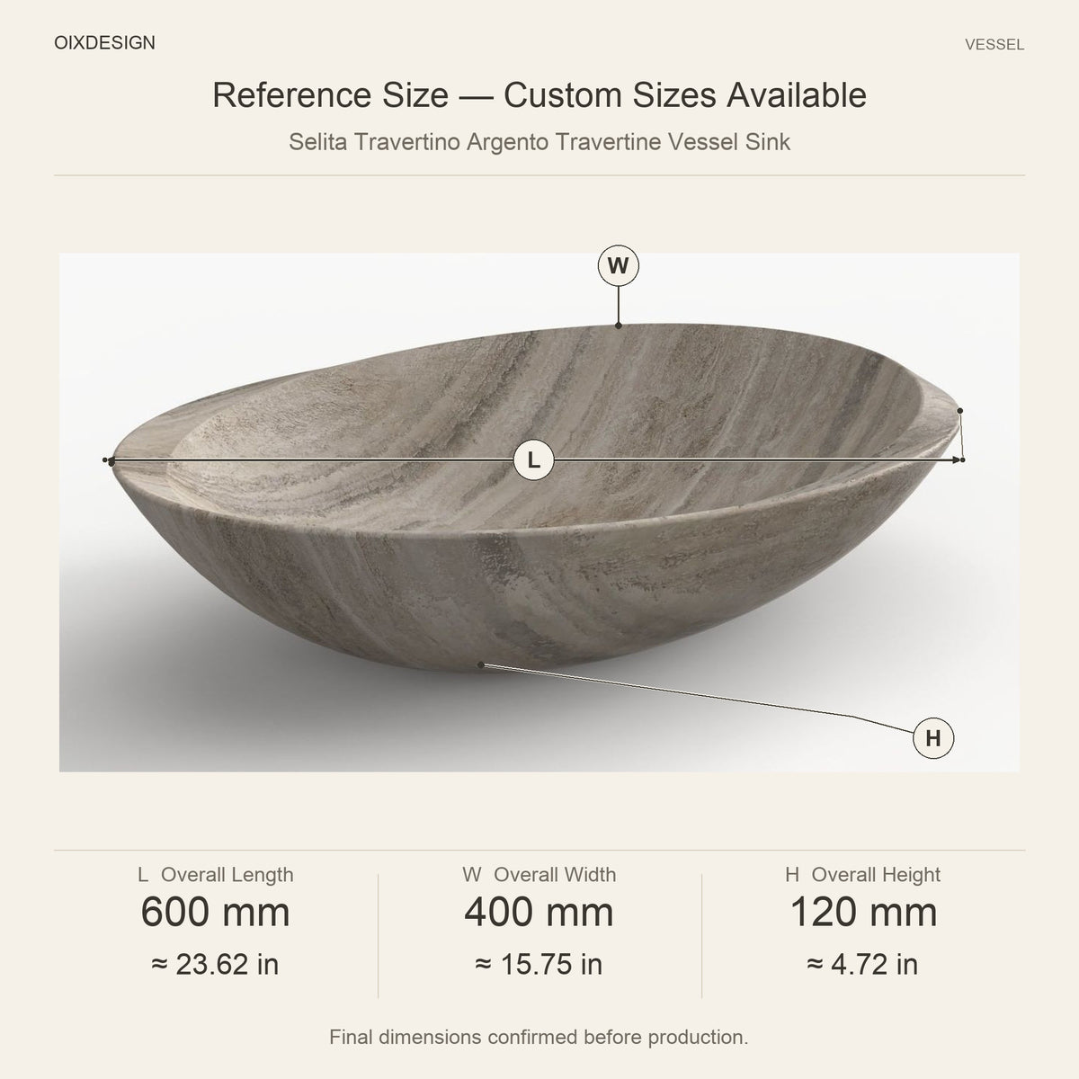 Selita Travertino Argento Travertine Vessel Sink reference overall dimensions in millimeters and inches