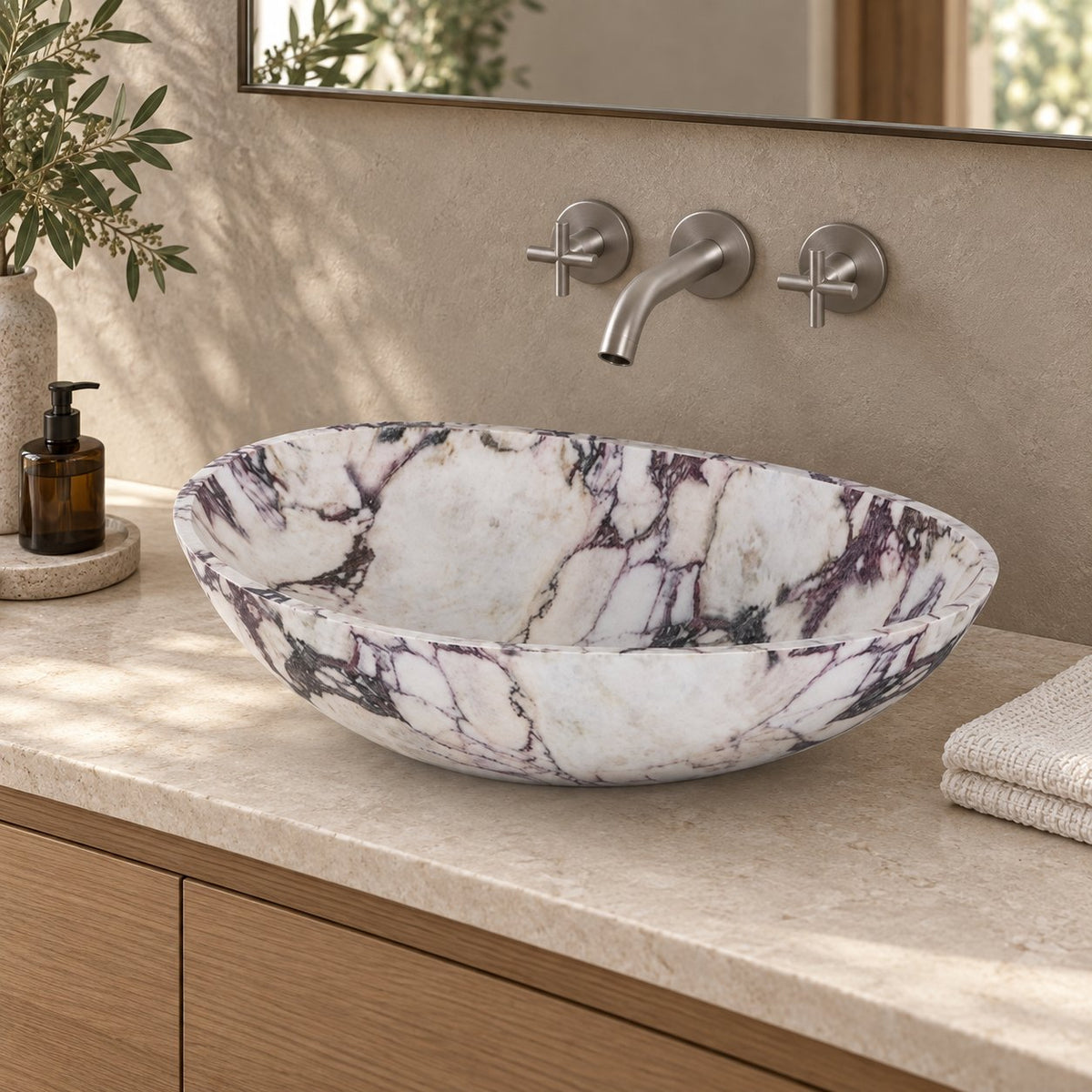 Selva Calacatta Marble Vessel Sink — three-quarter bathroom lifestyle