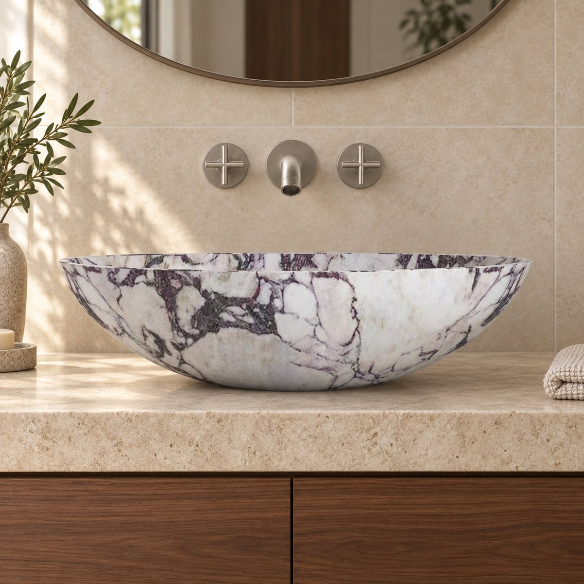 Selva Calacatta Marble Vessel Sink — low frontal bathroom lifestyle