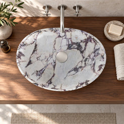 Selva Calacatta Marble Vessel Sink — overhead bathroom lifestyle