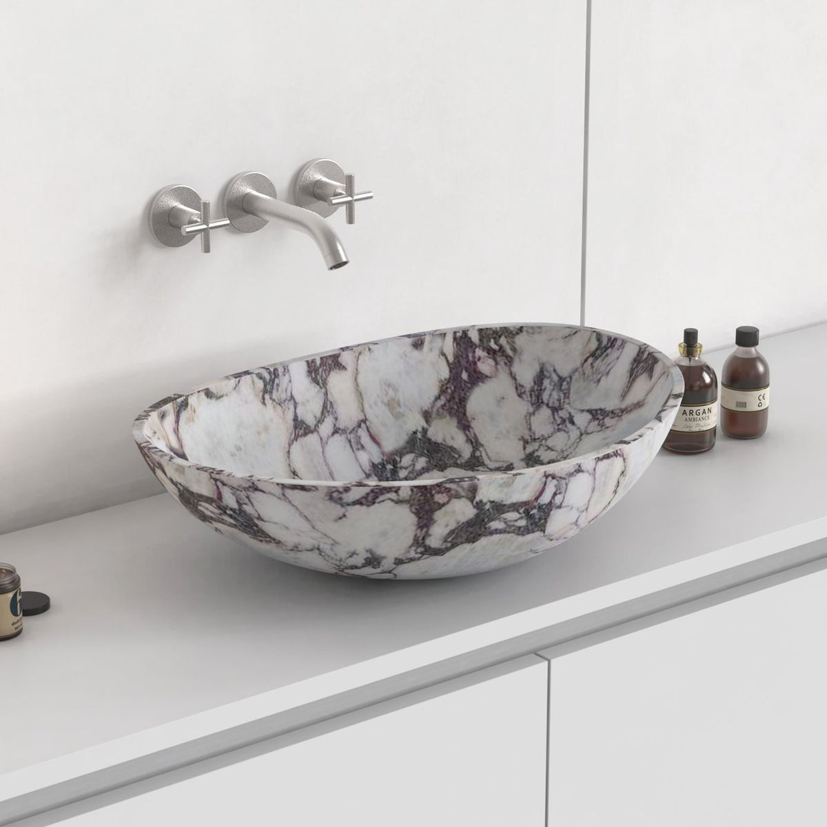 Selva Calacatta marble vessel sink from the opposite countertop angle
