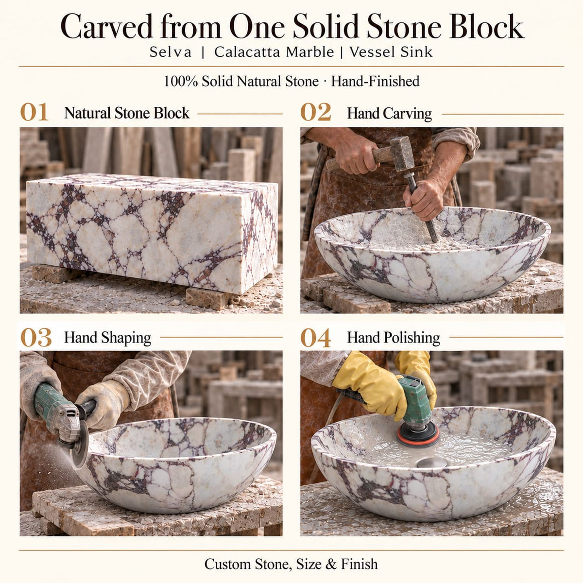 Selva Calacatta Marble Vessel Sink carved from one solid stone block, showing manual hammer-and-chisel carving, hand shaping and hand polishing; custom stone, size and finish.