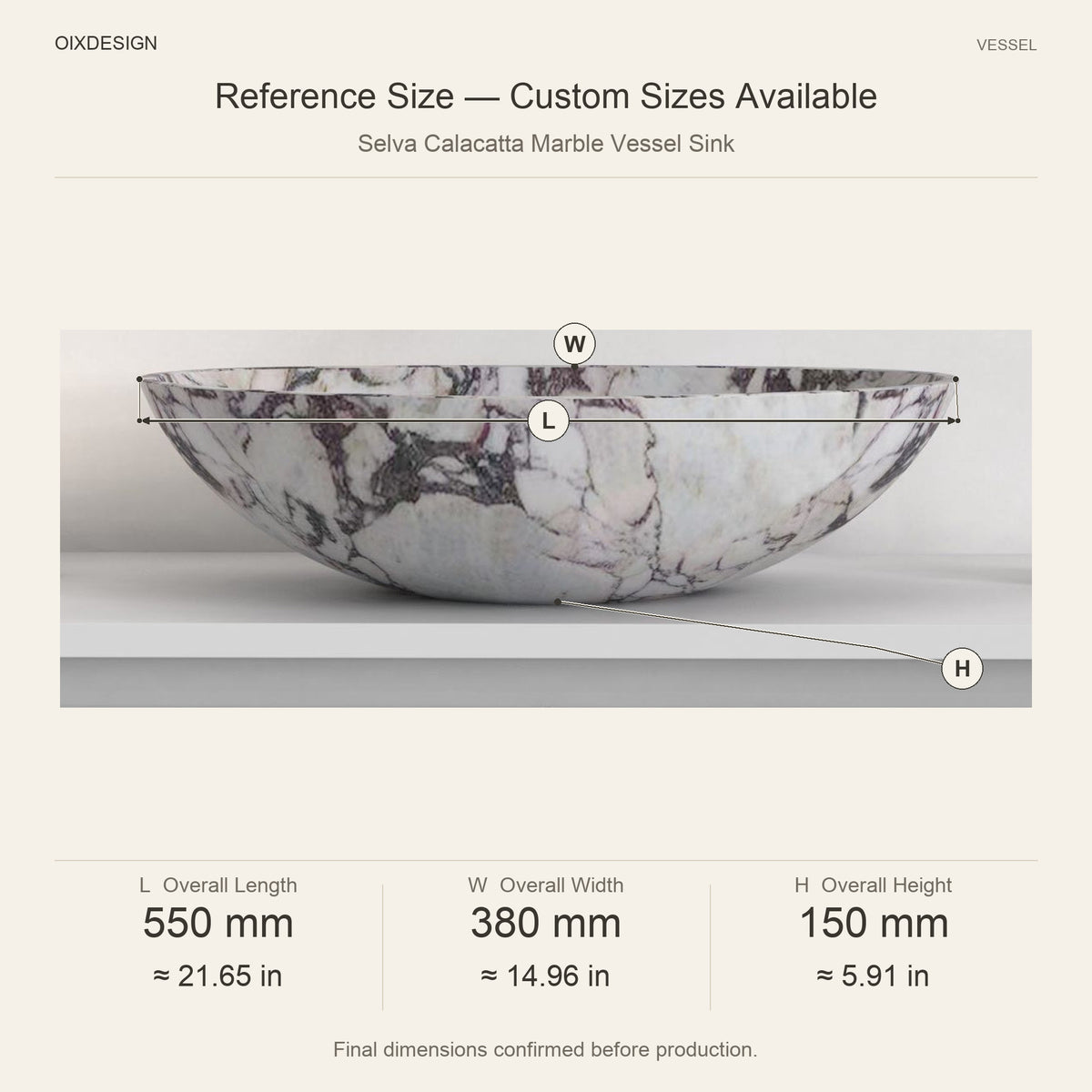 Selva Calacatta Marble Vessel Sink reference overall dimensions in millimeters and inches