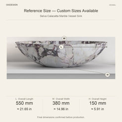 Selva Calacatta Marble Vessel Sink reference overall dimensions in millimeters and inches