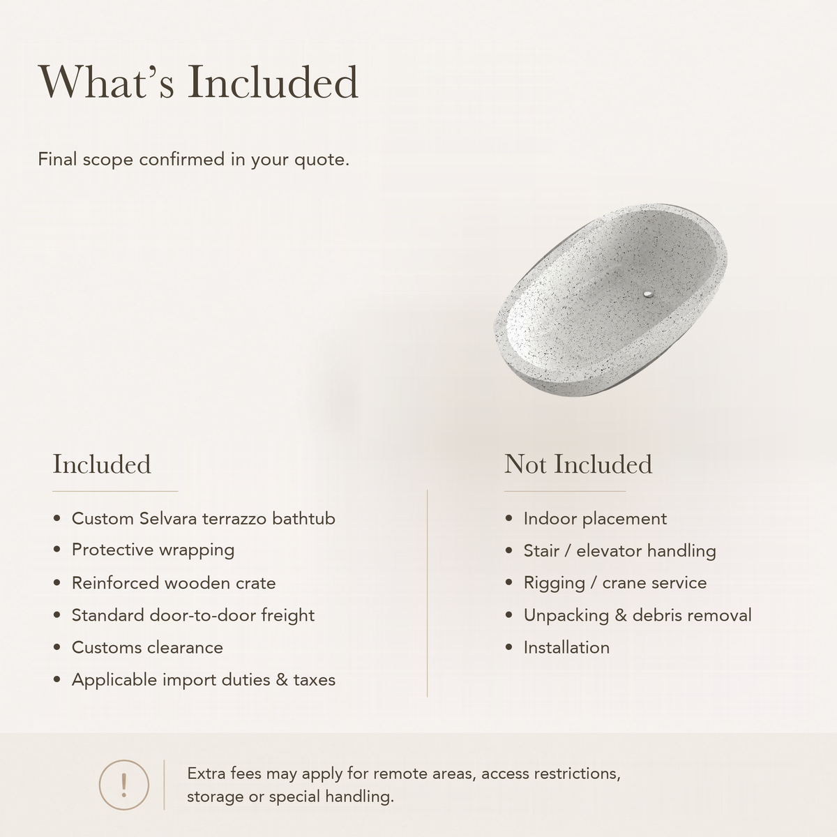 Selvara Organic Oval Freestanding Soaking Bathtub – Alba White Terrazzo — What’s Included in the Reference Price.