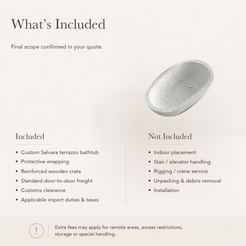 Selvara Organic Oval Freestanding Soaking Bathtub – Alba White Terrazzo — What’s Included in the Reference Price.