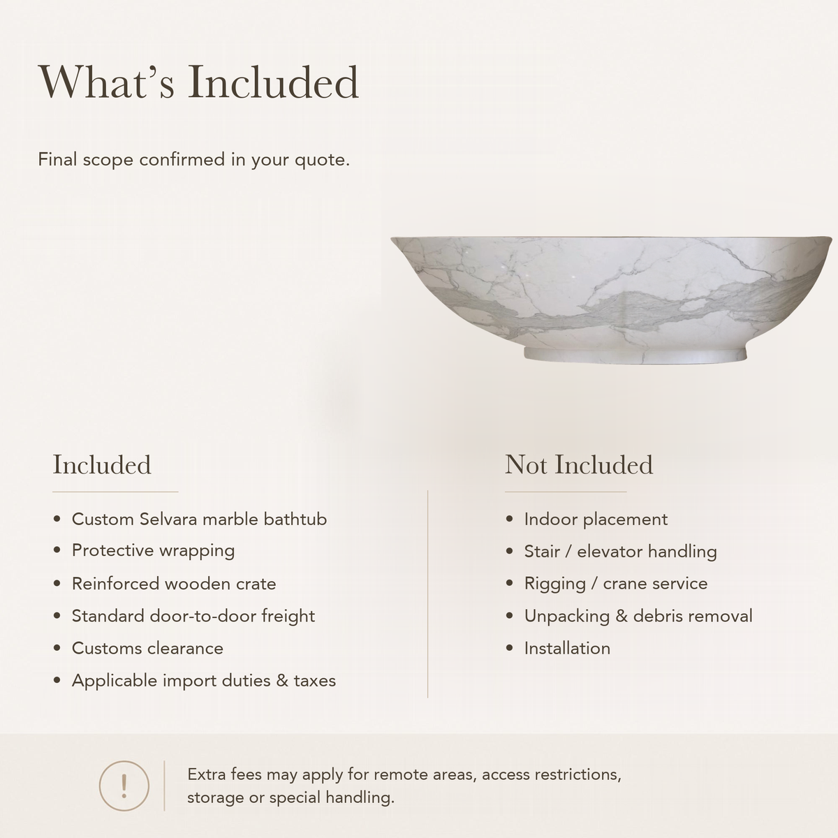 Selvara Organic Oval Freestanding Soaking Bathtub – Italian Firenze Marble — What’s Included in the Reference Price.