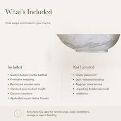 Selvara Organic Oval Freestanding Soaking Bathtub – Italian Firenze Marble — What’s Included in the Reference Price.