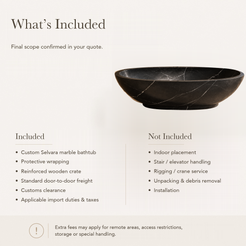 Selvara Organic Oval Freestanding Soaking Bathtub – Portoro Black Marble — What’s Included in the Reference Price.