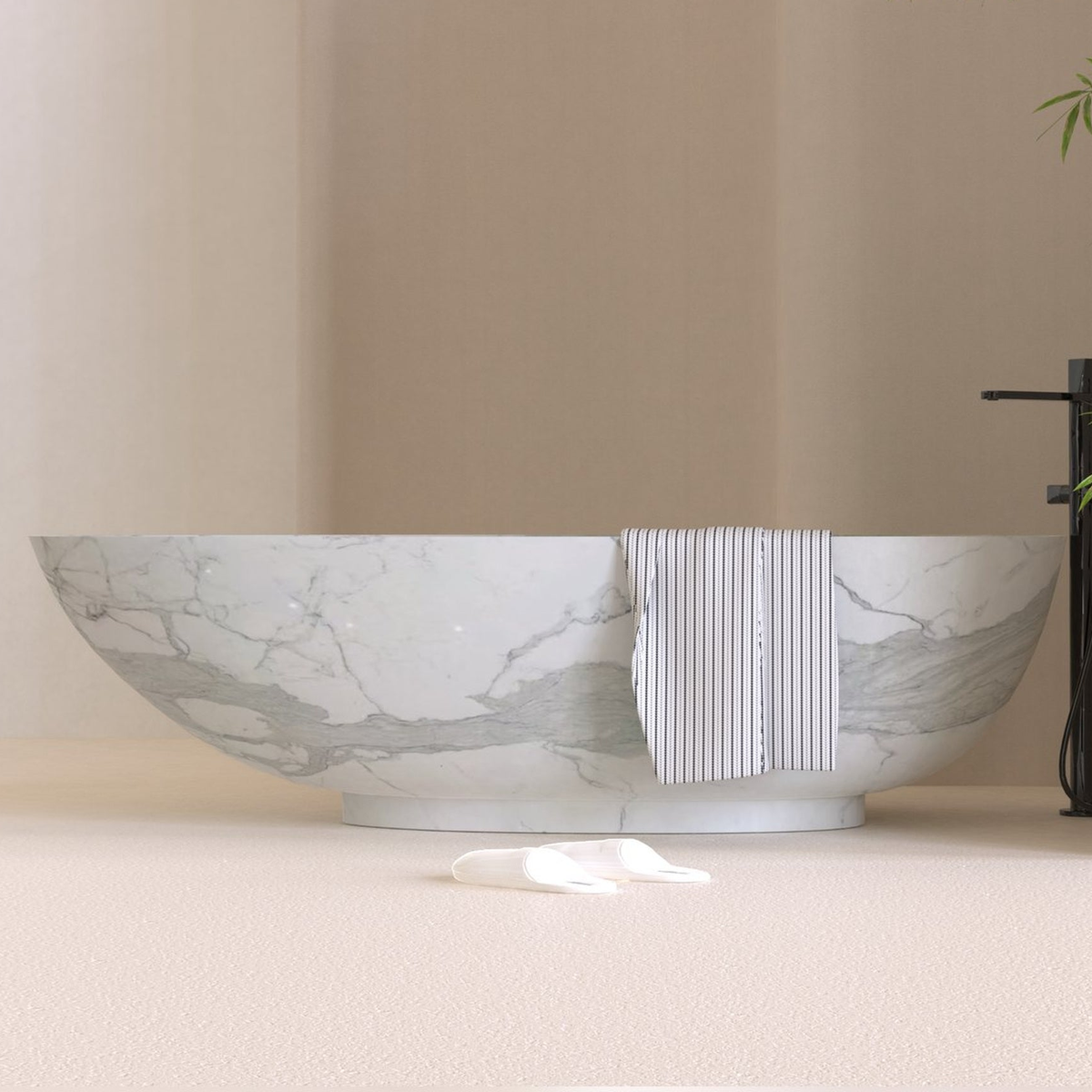 Selvara BT-134A Italian Firenze Marble freestanding bathtub, full-frame second design rendering
