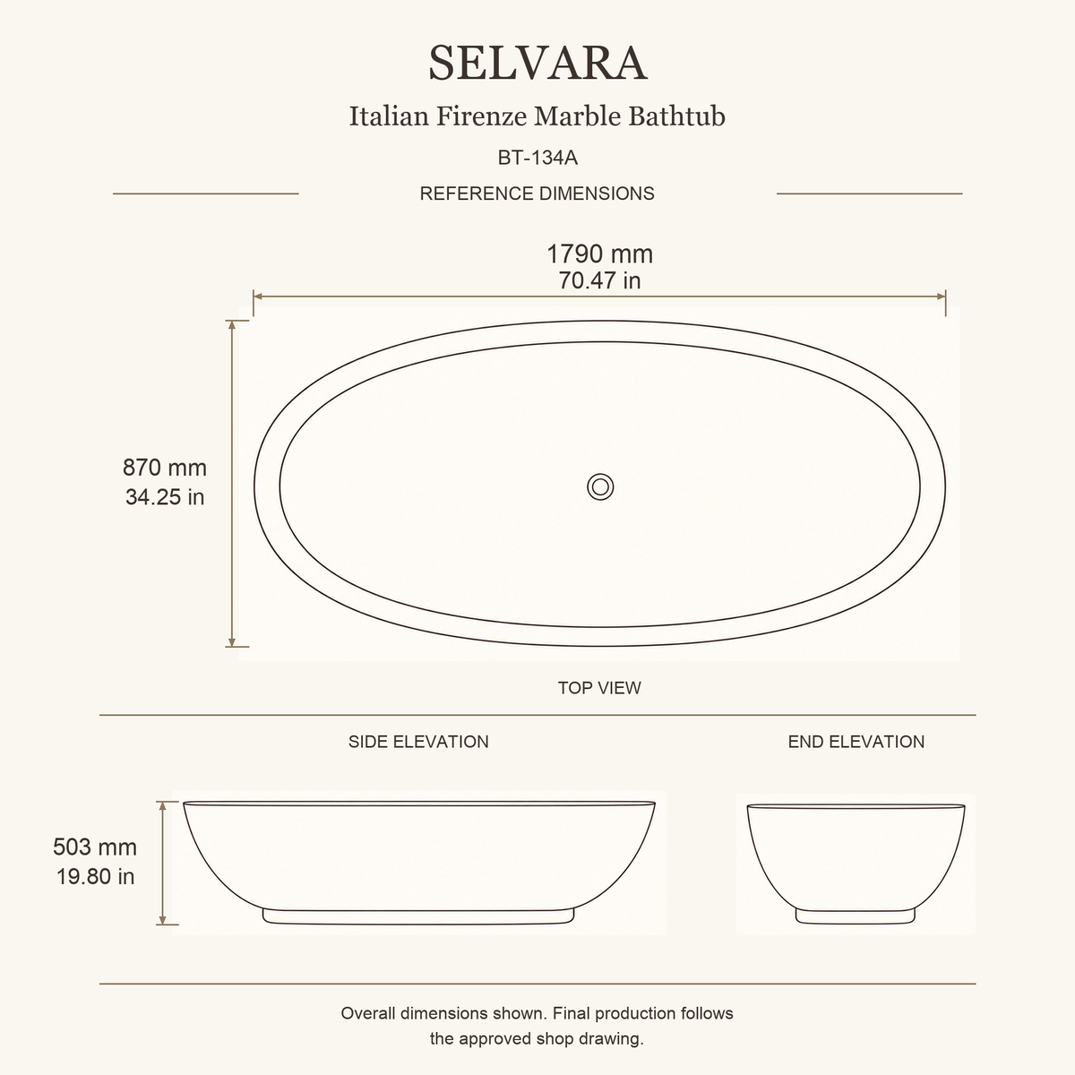 Selvara BT-134A Italian Firenze Marble bathtub dimensions, 1790 x 870 x 503 mm (70.47 x 34.25 x 19.80 in), rounded oval top, side and end elevations.