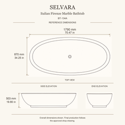 Selvara BT-134A Italian Firenze Marble bathtub dimensions, 1790 x 870 x 503 mm (70.47 x 34.25 x 19.80 in), rounded oval top, side and end elevations.