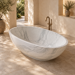 Selvara Italian Firenze marble bathtub with softly rounded ends, elevated view in a sunlit ivory bathroom.