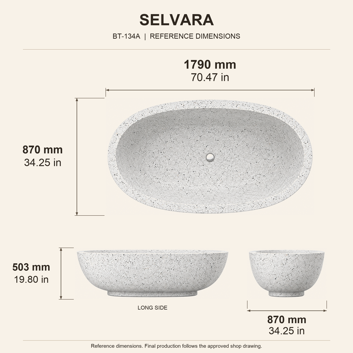 Selvara Organic Oval Freestanding Soaking Bathtub – Alba White Terrazzo reference dimension drawing with top, long-side and short-end views, measurements in millimetres and inches.
