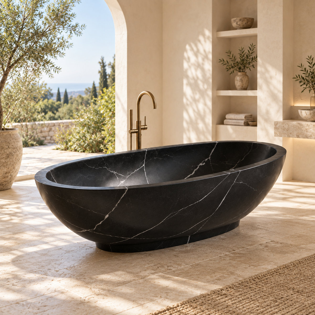 Selvara Portoro Black marble oval bathtub with rounded ends beside an arched garden window.
