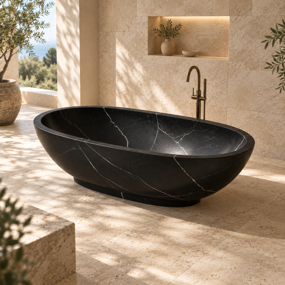 Selvara Portoro Black marble bathtub, elevated view of the rounded oval basin in a warm limestone bathroom.