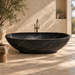 Selvara Portoro Black marble bathtub, long-side view with curved bowl and low integral oval base.