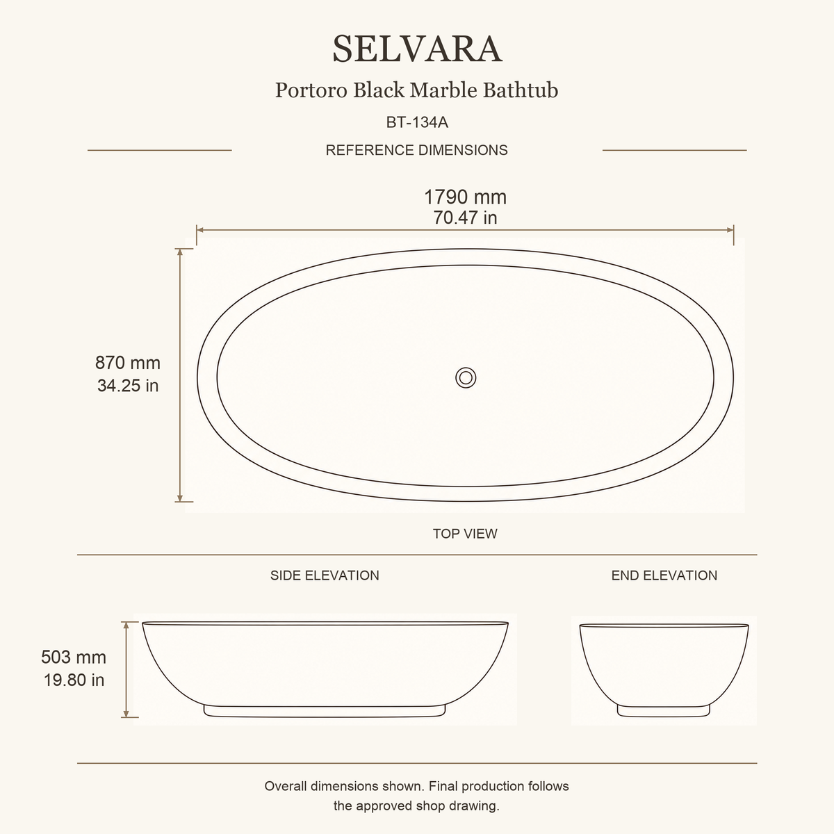 Selvara BT-134A Portoro Black Marble bathtub dimensions, 1790 x 870 x 503 mm (70.47 x 34.25 x 19.80 in), rounded oval top, side and end elevations.