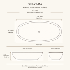 Selvara BT-134A Portoro Black Marble bathtub dimensions, 1790 x 870 x 503 mm (70.47 x 34.25 x 19.80 in), rounded oval top, side and end elevations.