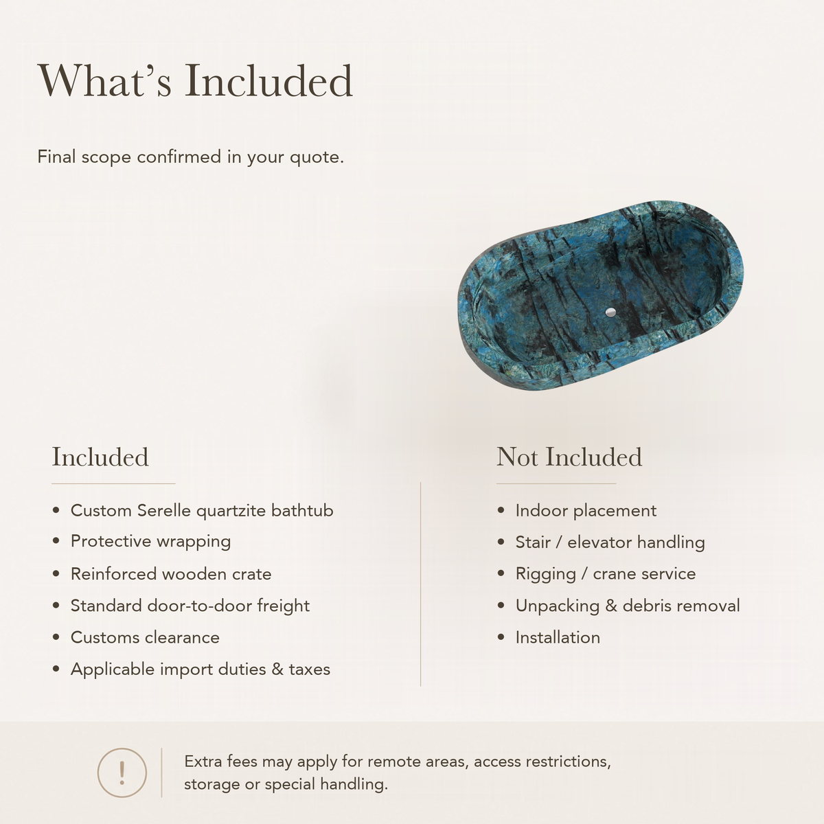 Serelle Soft-Capsule Freestanding Soaking Bathtub – Danube Blue Quartzite — What’s Included in the Reference Price.