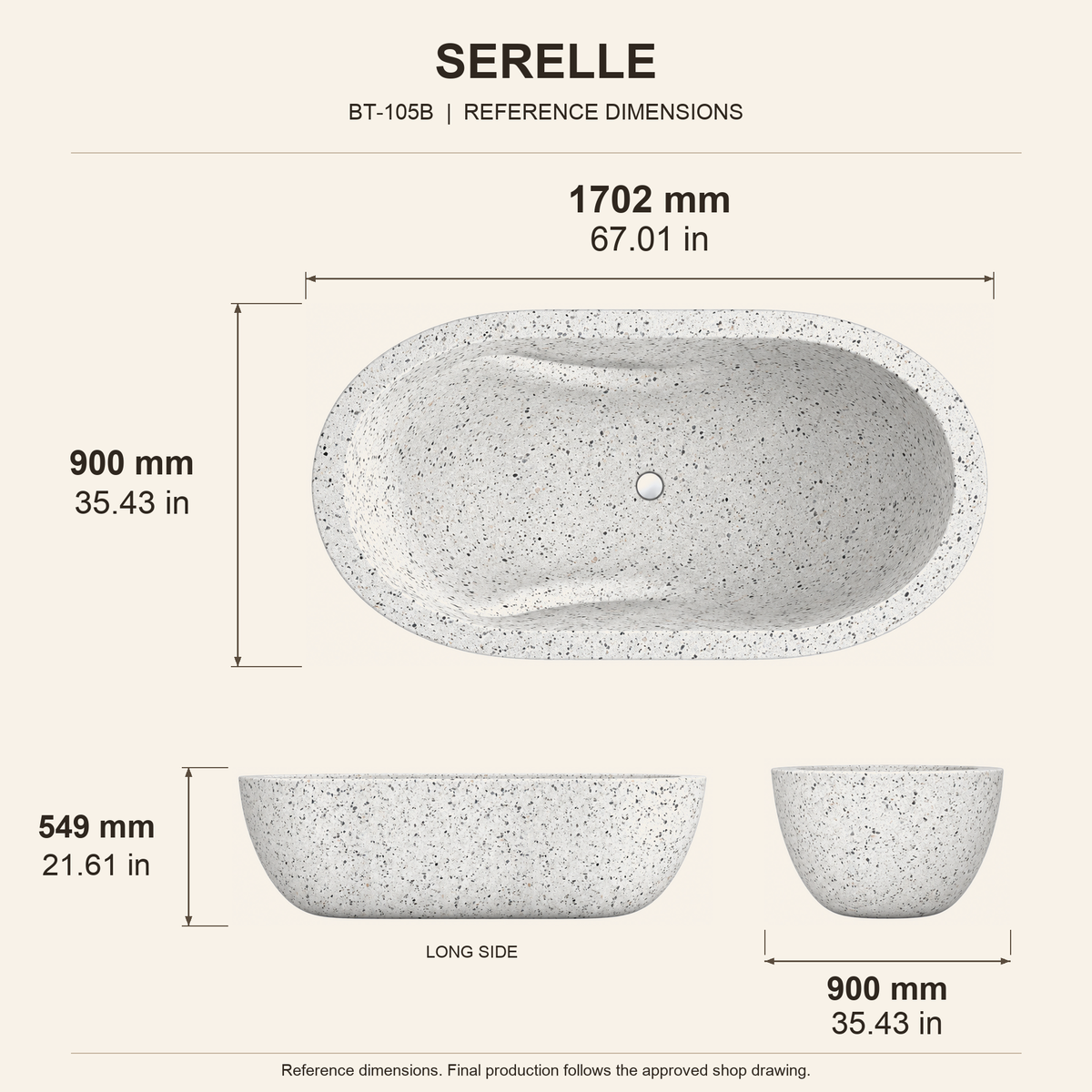 Serelle Soft-Capsule Freestanding Soaking Bathtub – Alba White Terrazzo reference dimension drawing with top, long-side and short-end views, measurements in millimetres and inches.
