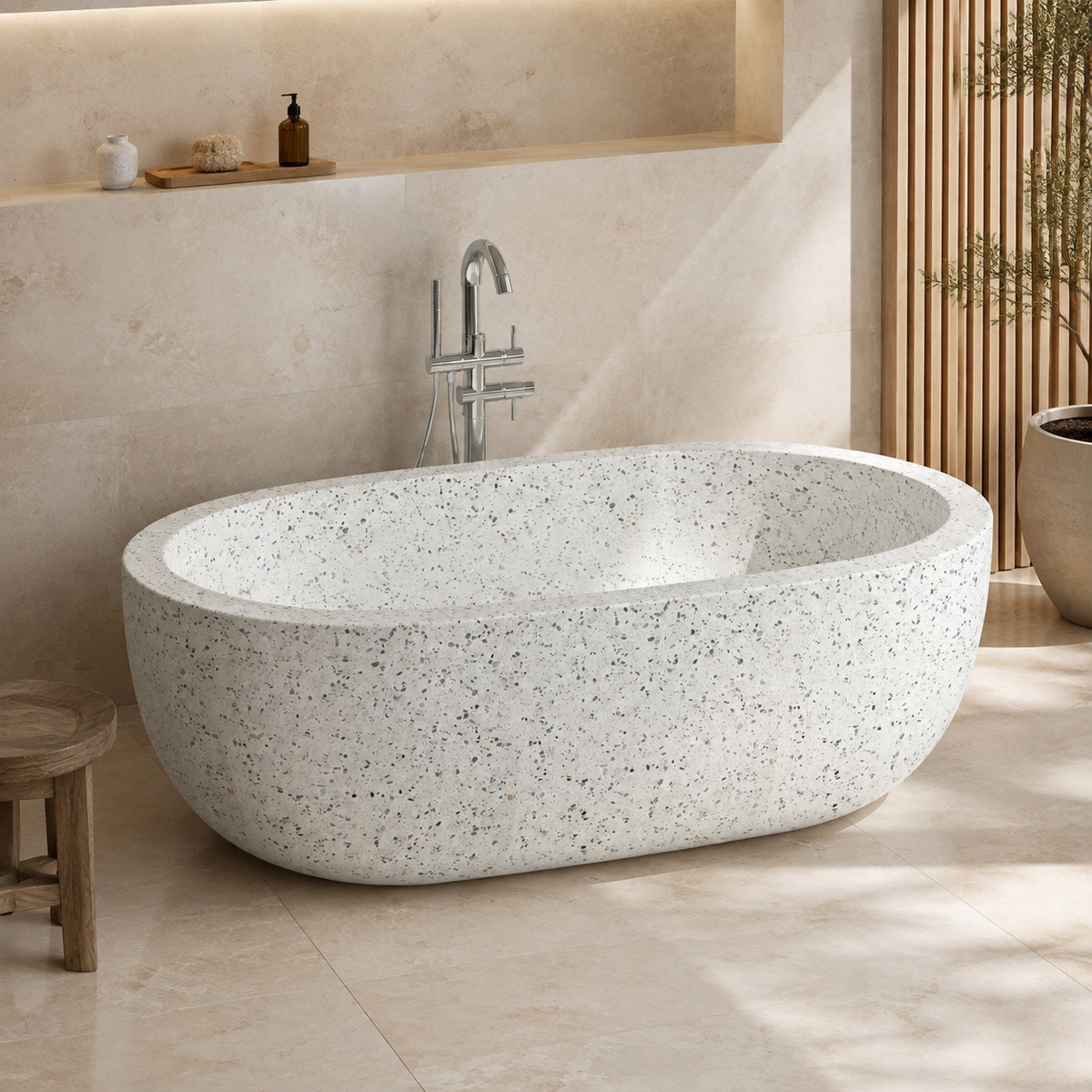 Serelle Soft-Capsule Freestanding Soaking Bathtub – Alba White Terrazzo in a warm ivory-limestone luxury bathroom; exact product geometry and material preserved